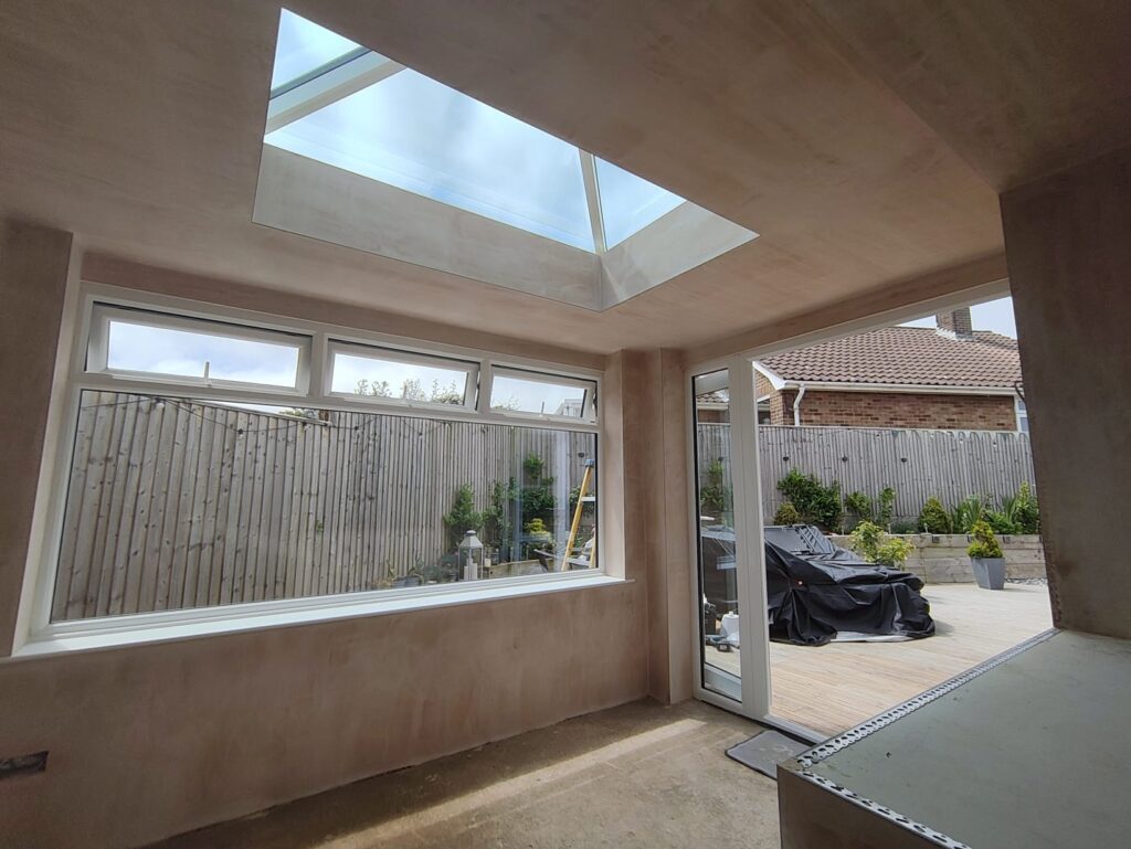 Smooth plastered walls inside a newly completed bungalow extension