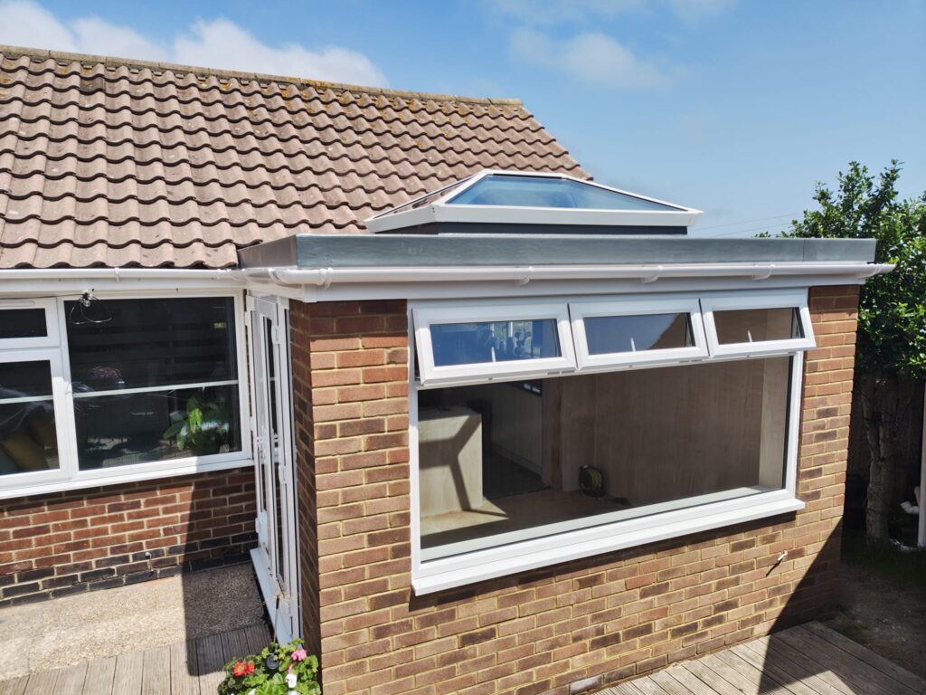 Interior view of roof lantern extension filling bungalow with natural light